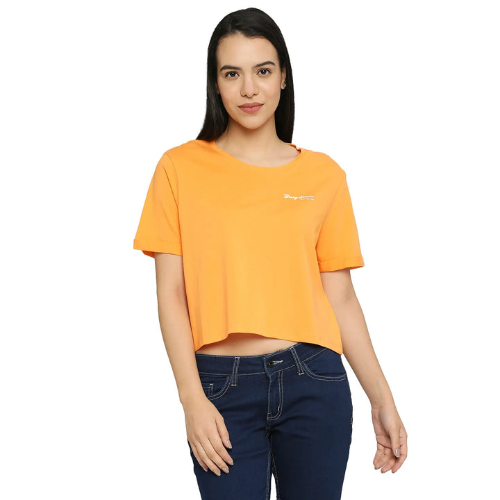 Orange Boxy Fit Round Neck Short Sleeves Cotton Women's T-Shirt by Being Human Clothing