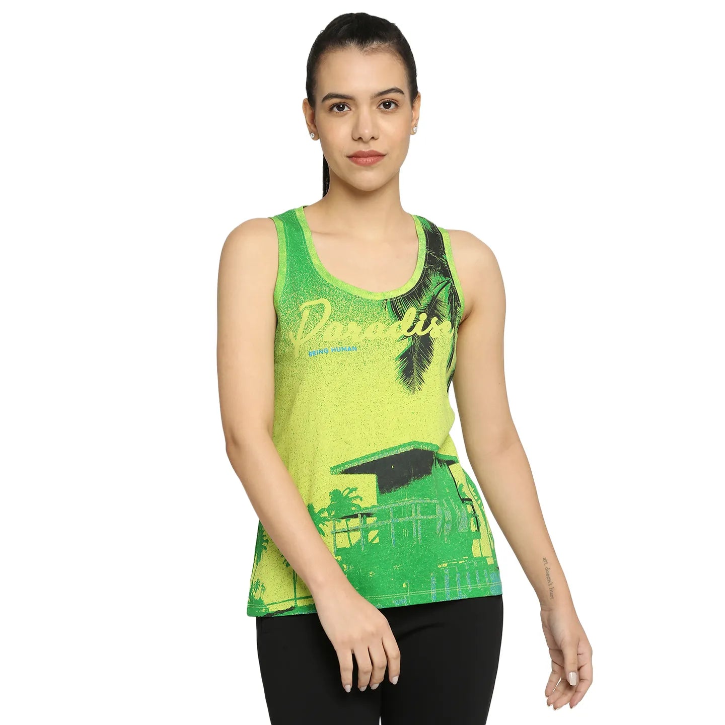 Being Human Clothing Semi Tank Fit Women Crew Neck T-Shirts-Lima Green