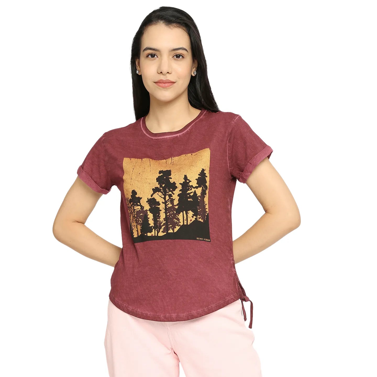 Maroon Easy Fit Women's Cotton T-Shirt By Being Human Clothing
