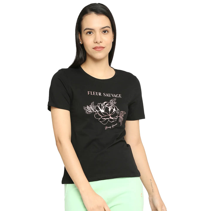 Black Easy Fit Round Neck Short Sleeves Cotton Women's T-Shirt by Being Human Clothing