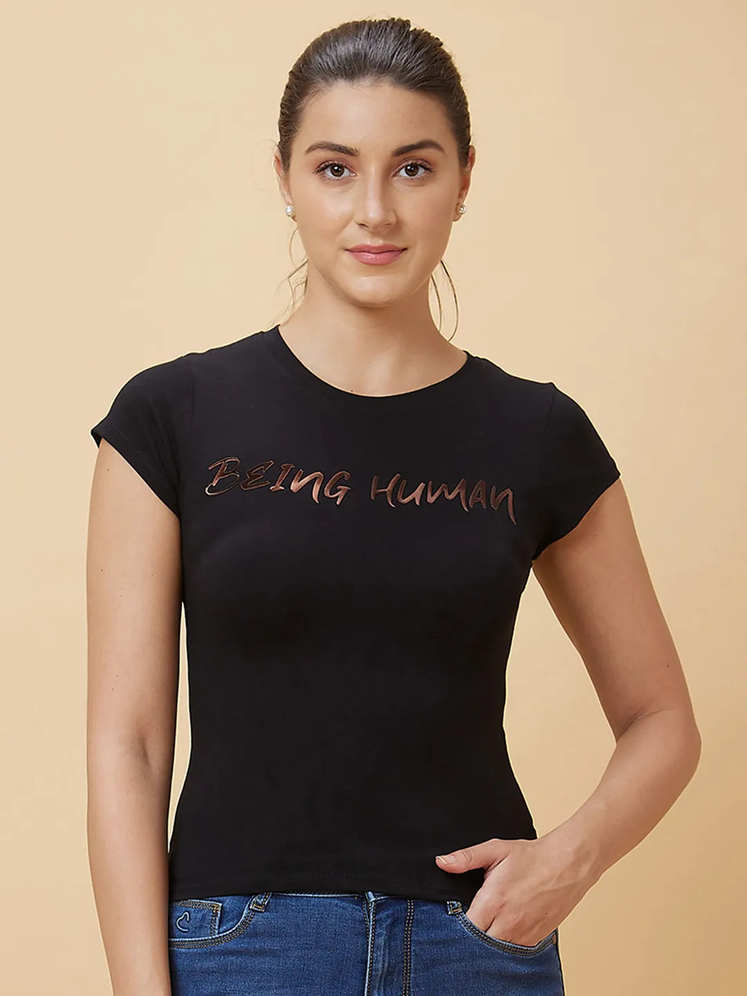 Being Human Clothing Women Slim Crop Fit Crew Neck T-Shirts Jet Black