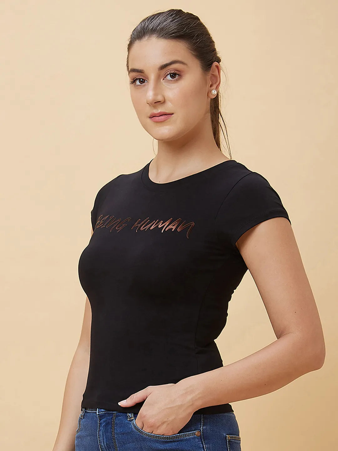 Being Human Clothing Women Slim Crop Fit Crew Neck T-Shirts Jet Black