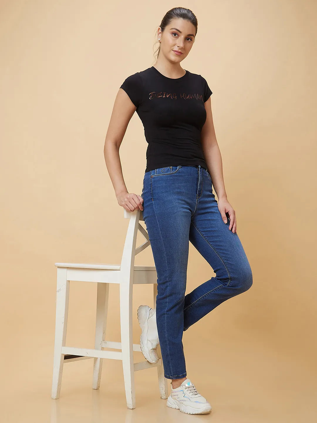 Being Human Clothing Women Slim Crop Fit Crew Neck T-Shirts Jet Black