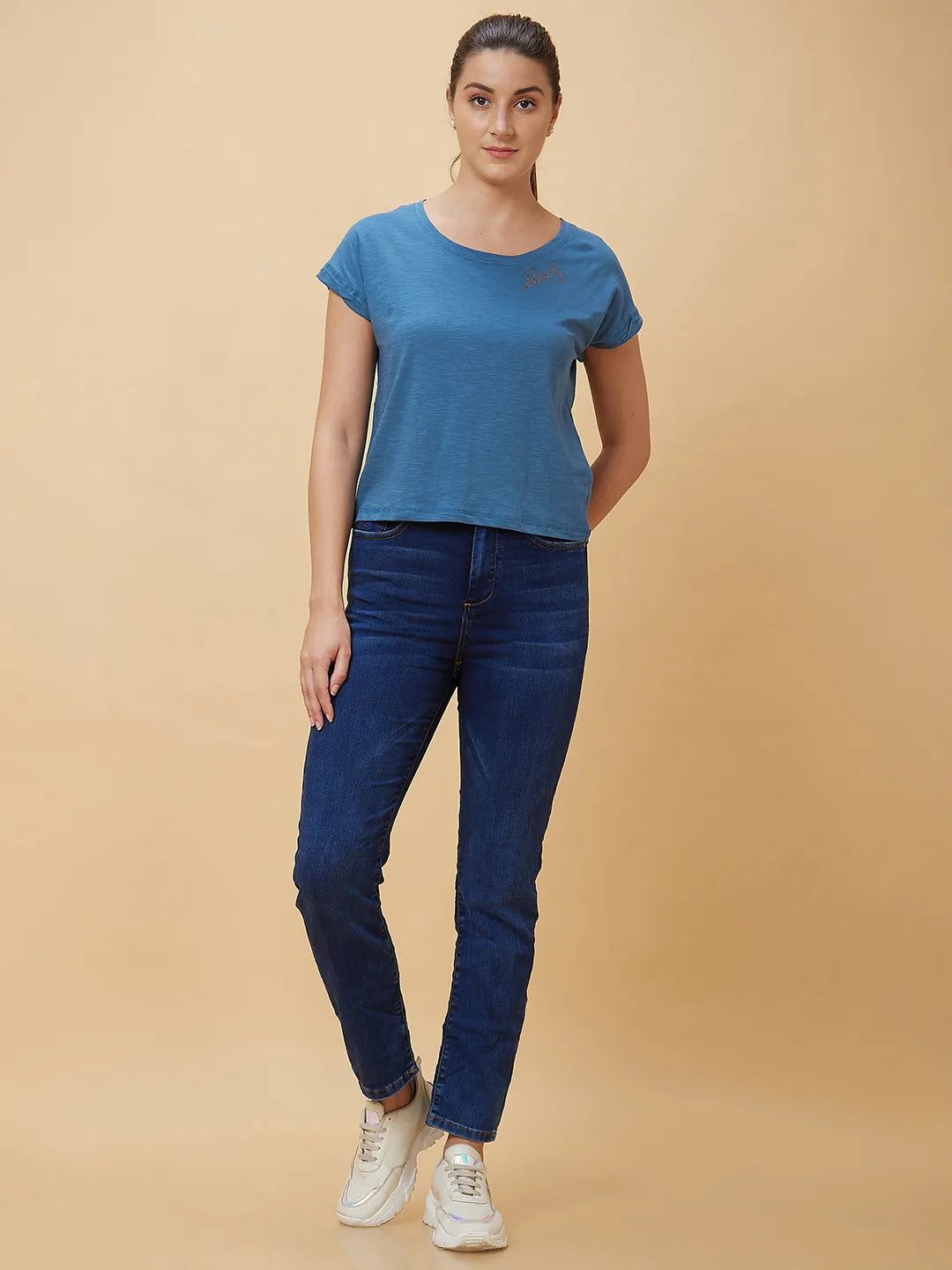 Being Human Clothing Women Boxy Crop Fit Crew Neck Sweatshirt Blue Coral