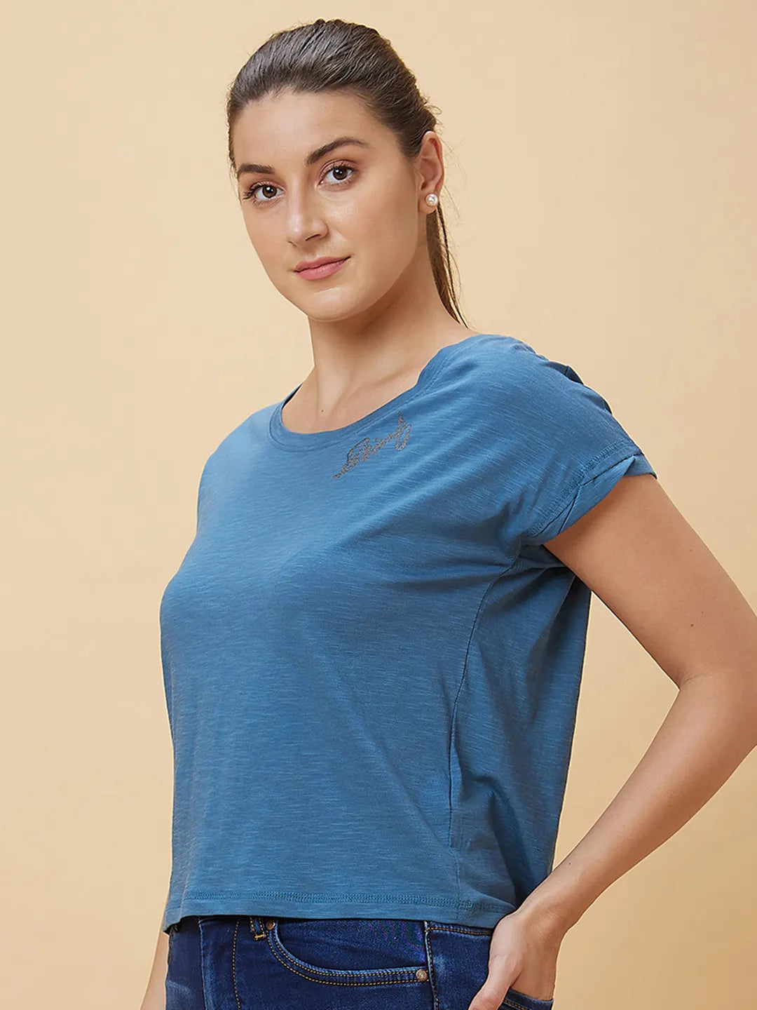 Being Human Clothing Women Boxy Crop Fit Crew Neck Sweatshirt Blue Coral