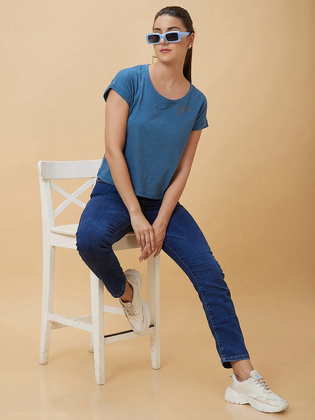 Being Human Clothing Women Boxy Crop Fit Crew Neck Sweatshirt Blue Coral