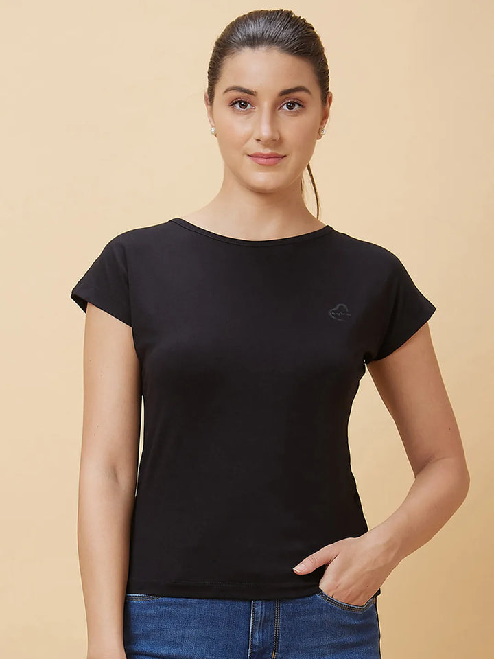 Black Drop Shoulder Basic Fit Round Neck Short Sleeves Cotton Women's T-Shirt by Being Human Clothing