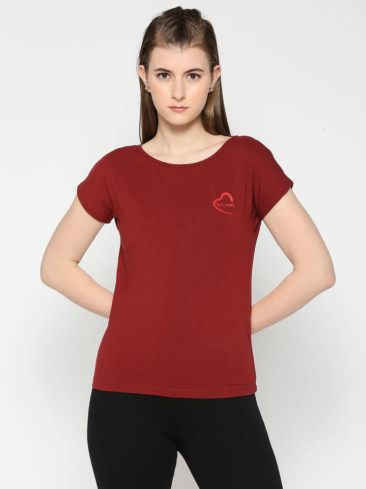 Red Drop Shoulder Basic Fit Round Neck Short Sleeves Women's T-Shirt