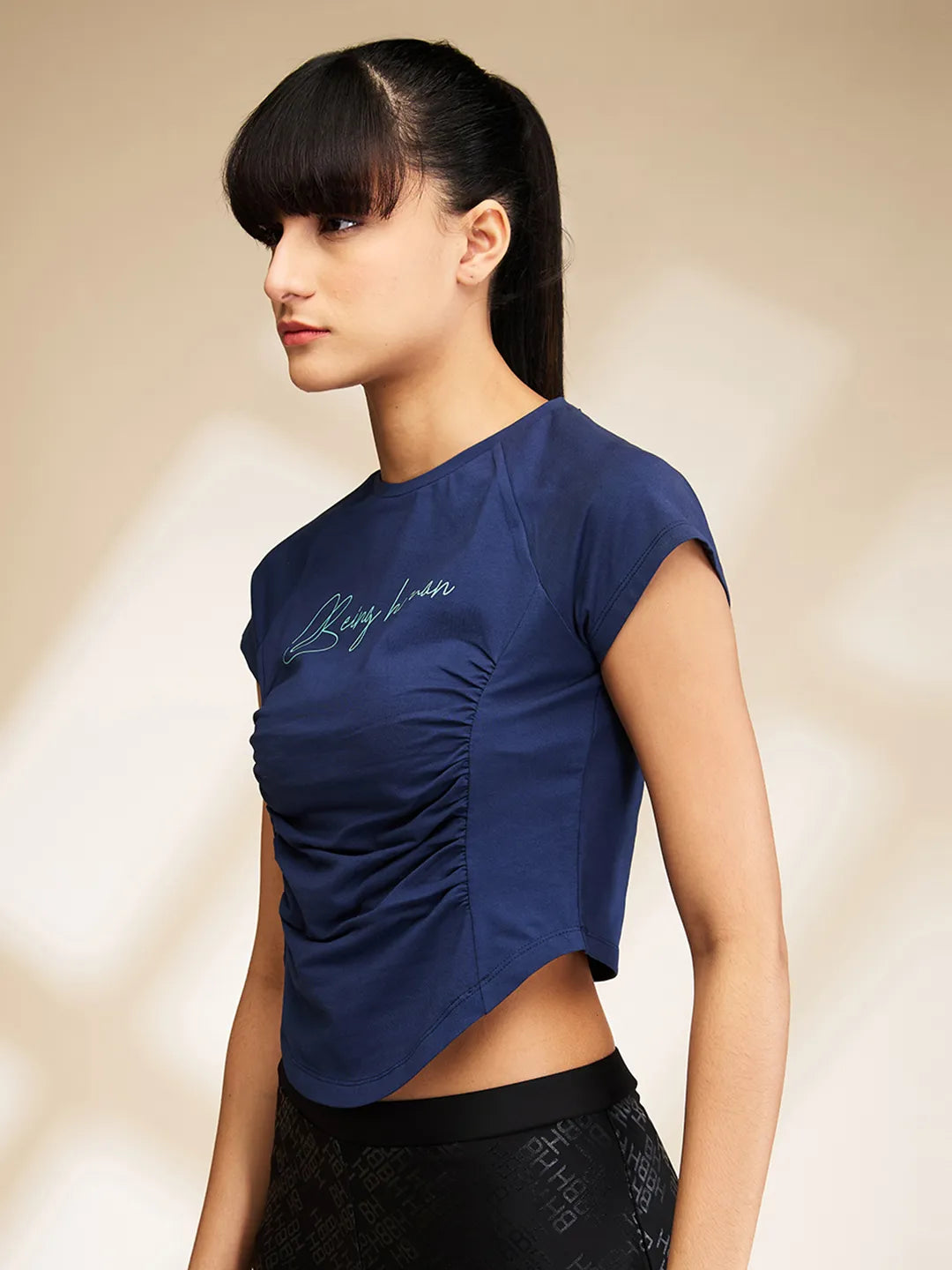 Blue Slim Fit Women's Short Sleeve Cropped T-Shirt By Being Human Clothing