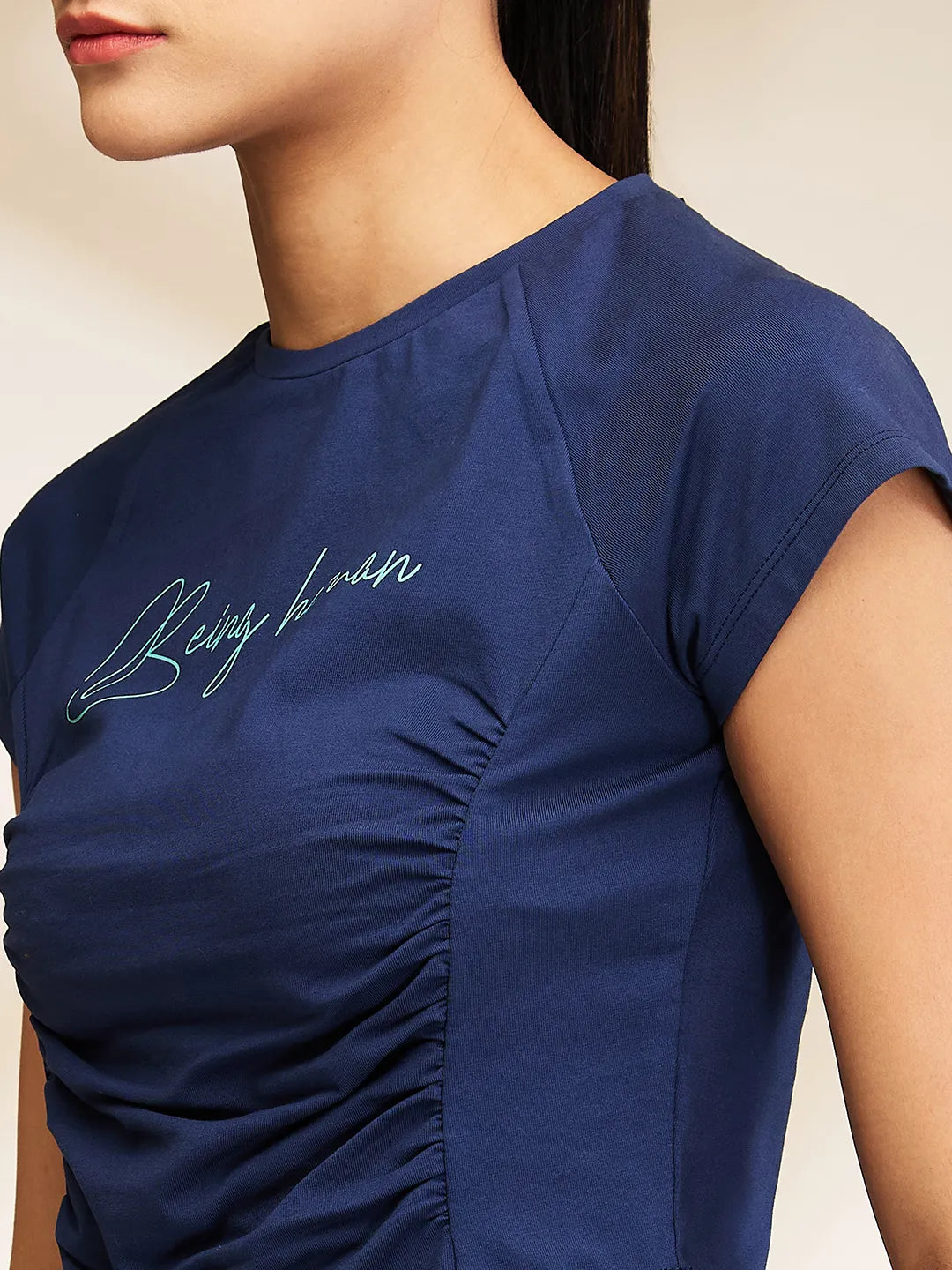 Blue Slim Fit Women's Short Sleeve Cropped T-Shirt By Being Human Clothing