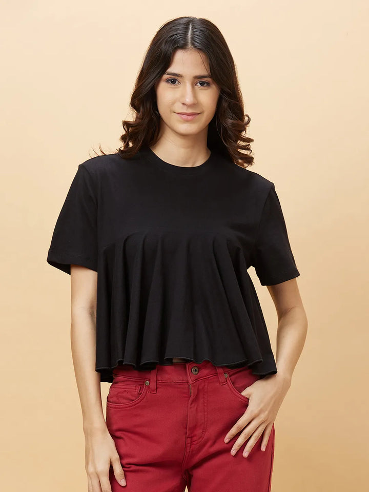 Black Flared Women's Cotton Short Sleeve Cropped T-Shirt By Being Human Clothing