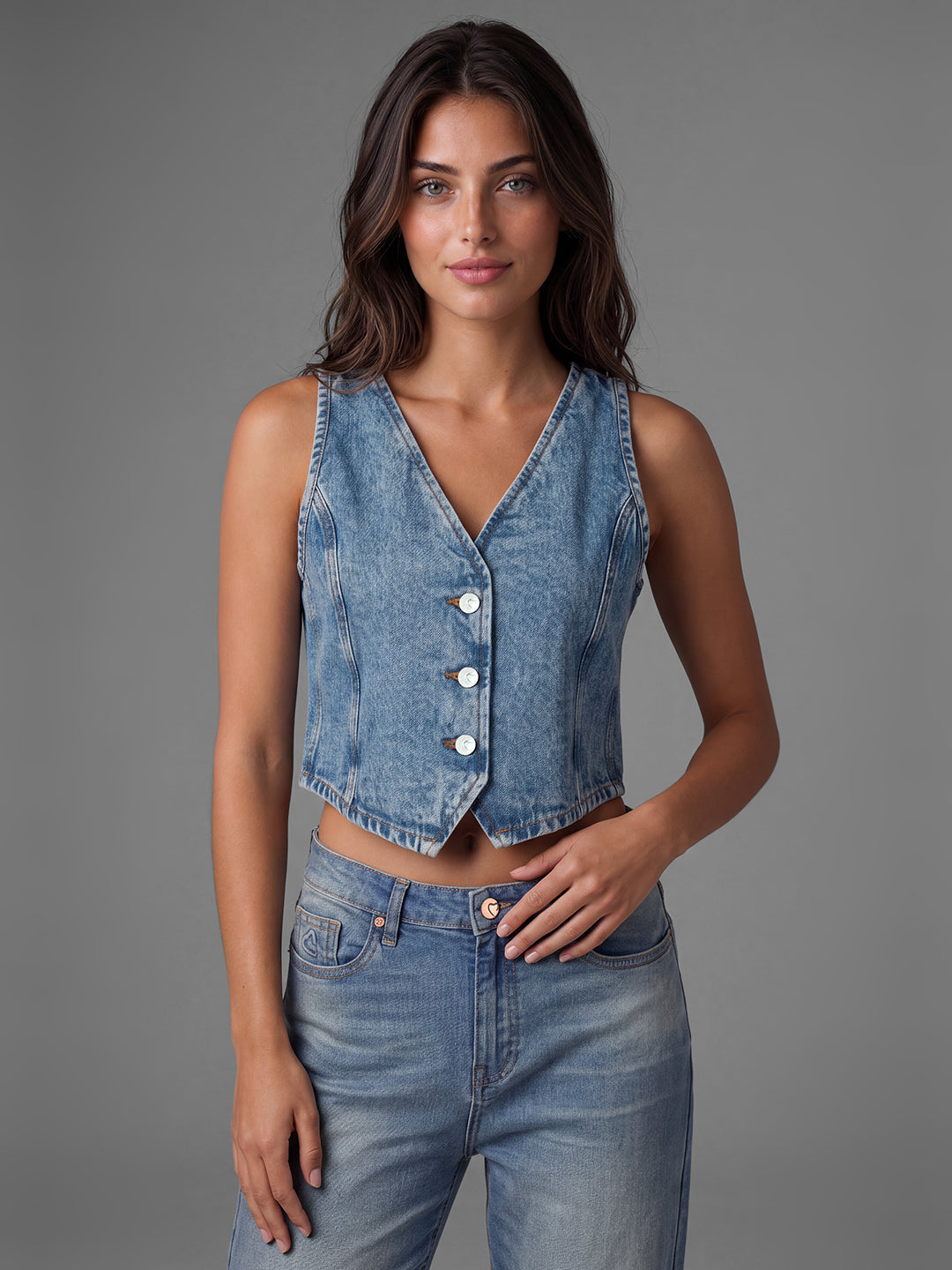 Indigo Basic Cropped Fit Solid Sleeveless V Neck Women's Waistcoat by Being Human Clothing