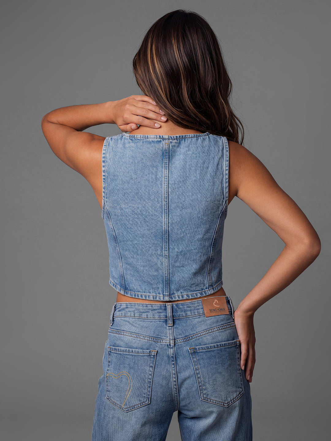 Indigo Basic Cropped Fit Solid Sleeveless V Neck Women's Waistcoat by Being Human Clothing