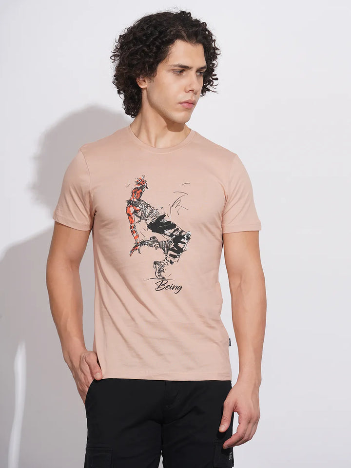 Beige Regular Fit Men's T-Shirt by Being Human Clothing