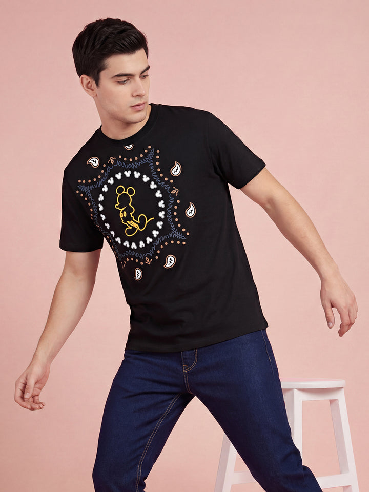 Mickey Mouse Graphic Print Black Men's Round Neck T-Shirt by Being Human Clothing 