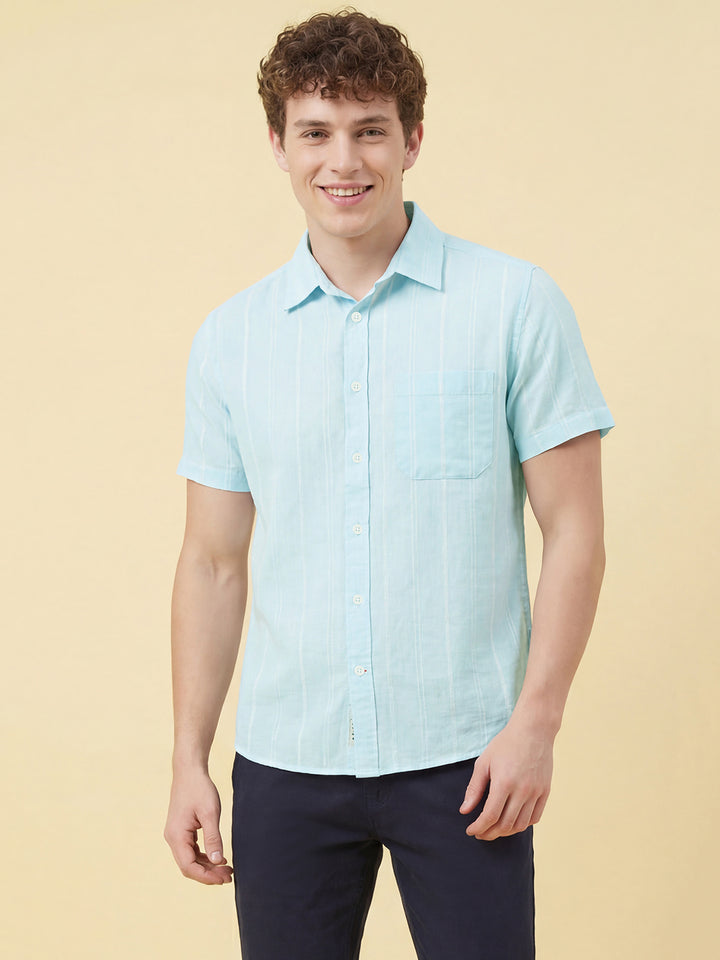 Blue Moderno Fit Men's Short Sleeves Striped Casual Shirt by Being Human Clothing 