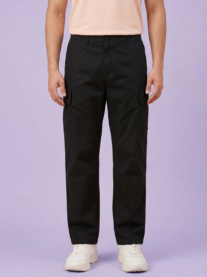 Black Straight Fit Men's Mid Rise Trousers by Being Human Clothing 