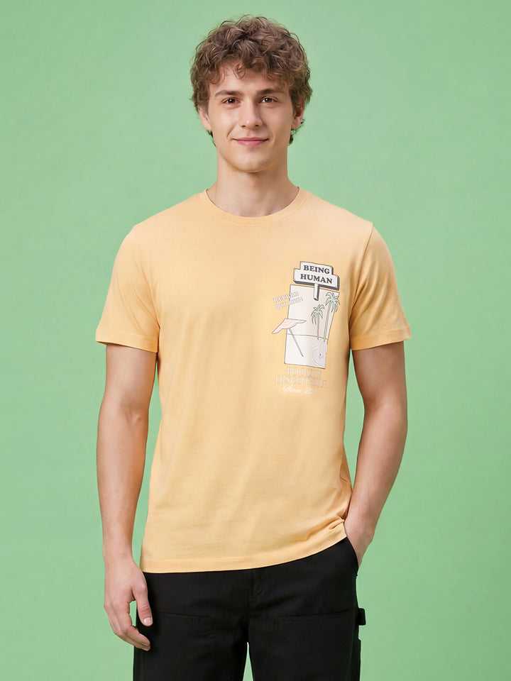 Peach Moderno Fit Men's Round Neck Short Sleeves Graphic Print T-Shirt by Being Human ClothingÂ 