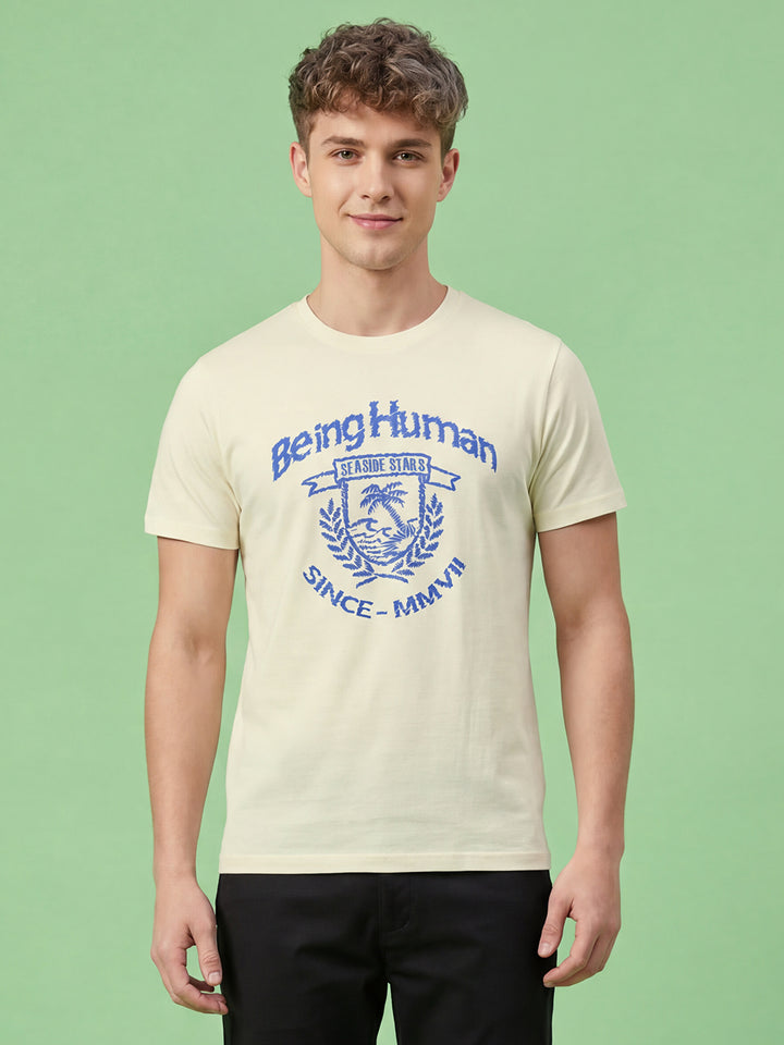 Cream Moderno Fit Men's Short Sleeves Crew Neck Graphic T-Shirt by Being Human ClothingÂ 