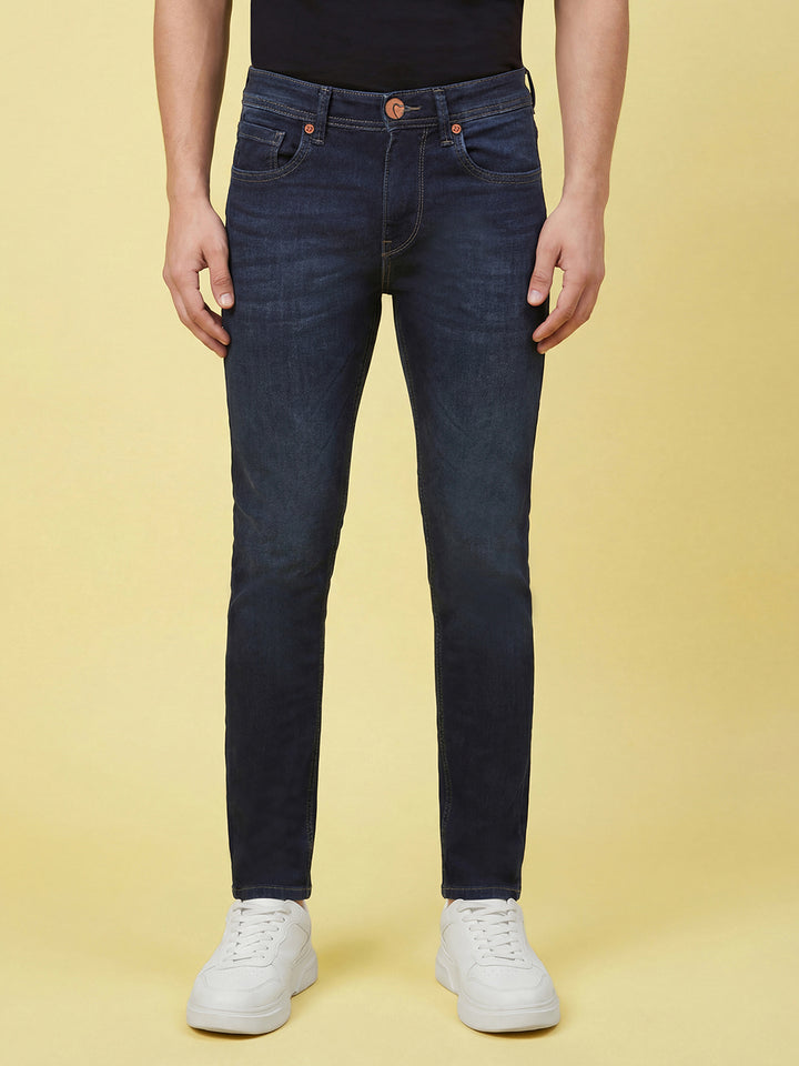 Dark Blue Slim Fit Men's Mid Rise Jeans by Being Human Clothing 