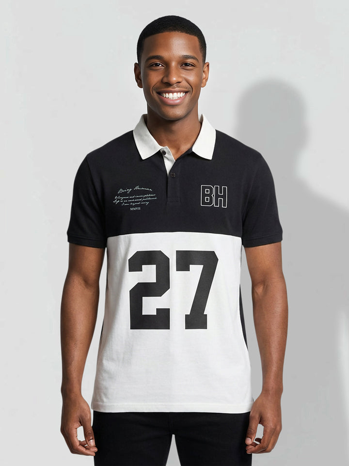 Black Regular Fit Graphic Print Pure Cotton Half Sleeves Men's Polo T-shirt by Being Human Clothing