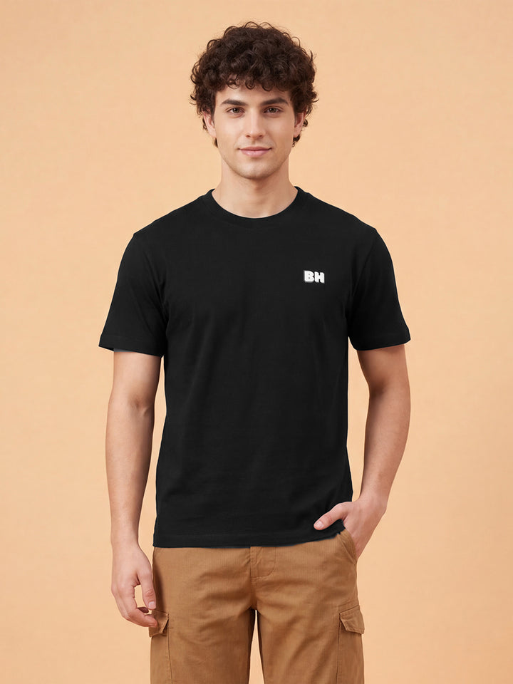 Black Easy Fit Men's Round Neck Short Sleeve Typographic Print T-Shirt by Being Human ClothingÂ 