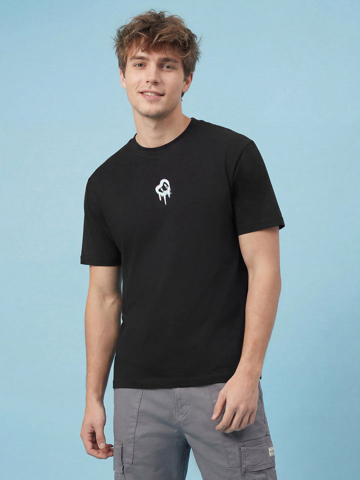 Black Easy Fit Men's Round Neck Short Sleeves Graphic T-Shirt by Being Human ClothingÂ 