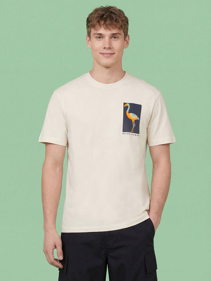 Off White Flamingo Printed Easy Fit Men's Crew Neck T-Shirt by Being Human Clothing 