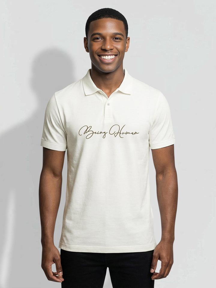 White Regular Fit Typography Pure Cotton Half Sleeves Men's Polo T-shirt by Being Human Clothing