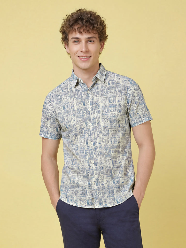 White&Blue Moderno Fit Men's Short Sleeves Spread Collar Casual Shirt Â 