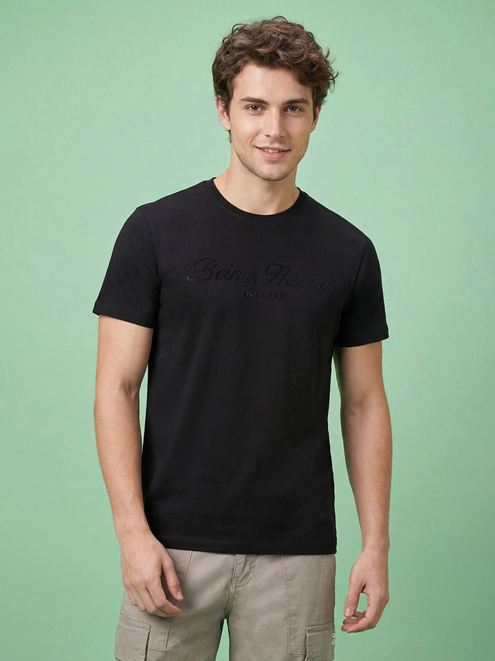 Black Moderno Fit Men's Round Neck Short Sleeves Embellished T-Shirt by Being Human ClothingÂ 
