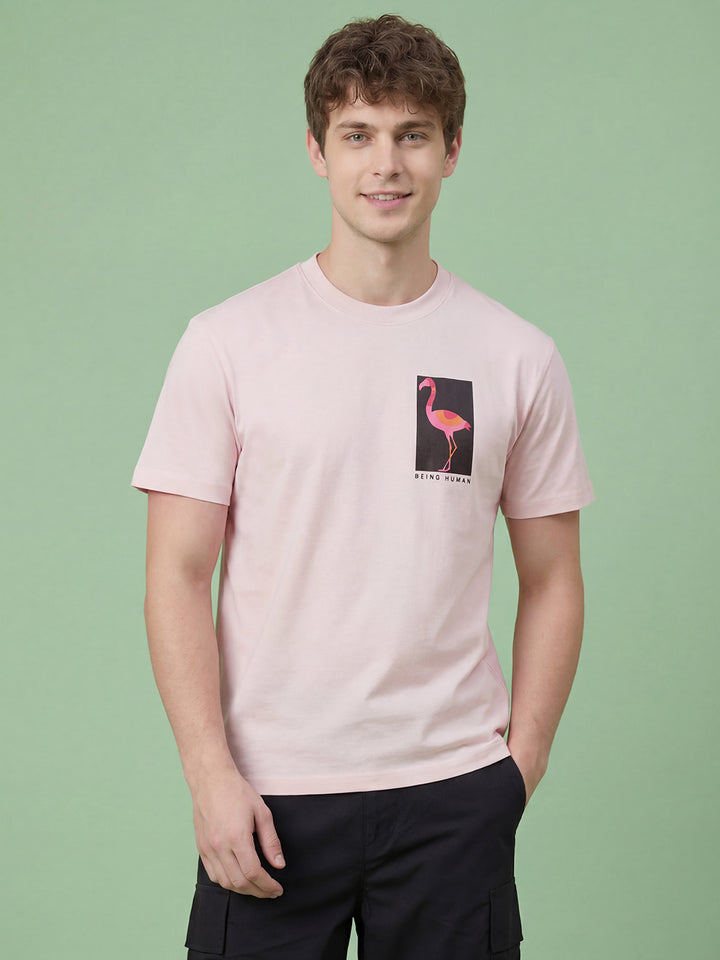 Pink Flamingo Printed Easy Fit Men's Crew Neck T-Shirt by Being Human ClothingÂ 