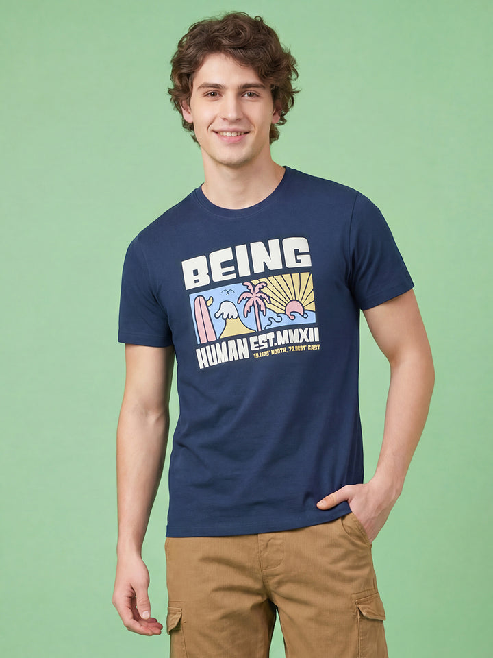 Navy Blue Moderno Fit Men's Short Sleeves Round Neck T-Shirt by Being Human ClothingÂ 