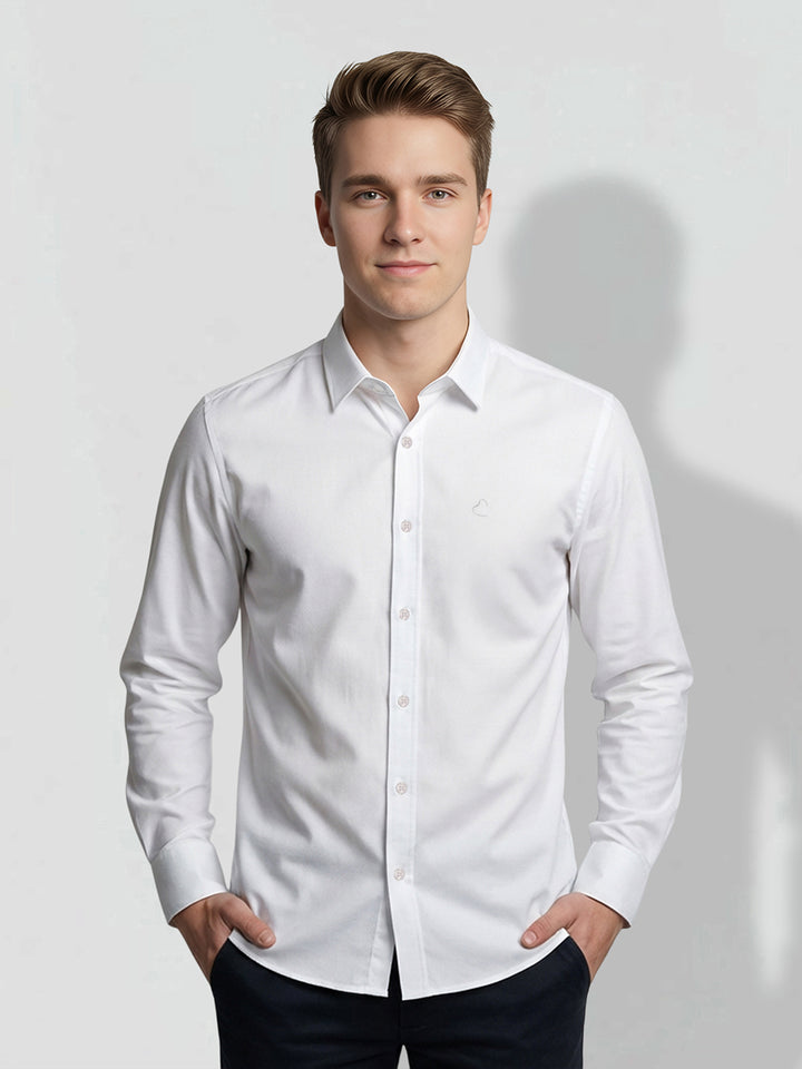White Slim Fit Men's Long Sleeves Embroidered Casual Shirt by Being Human Clothing