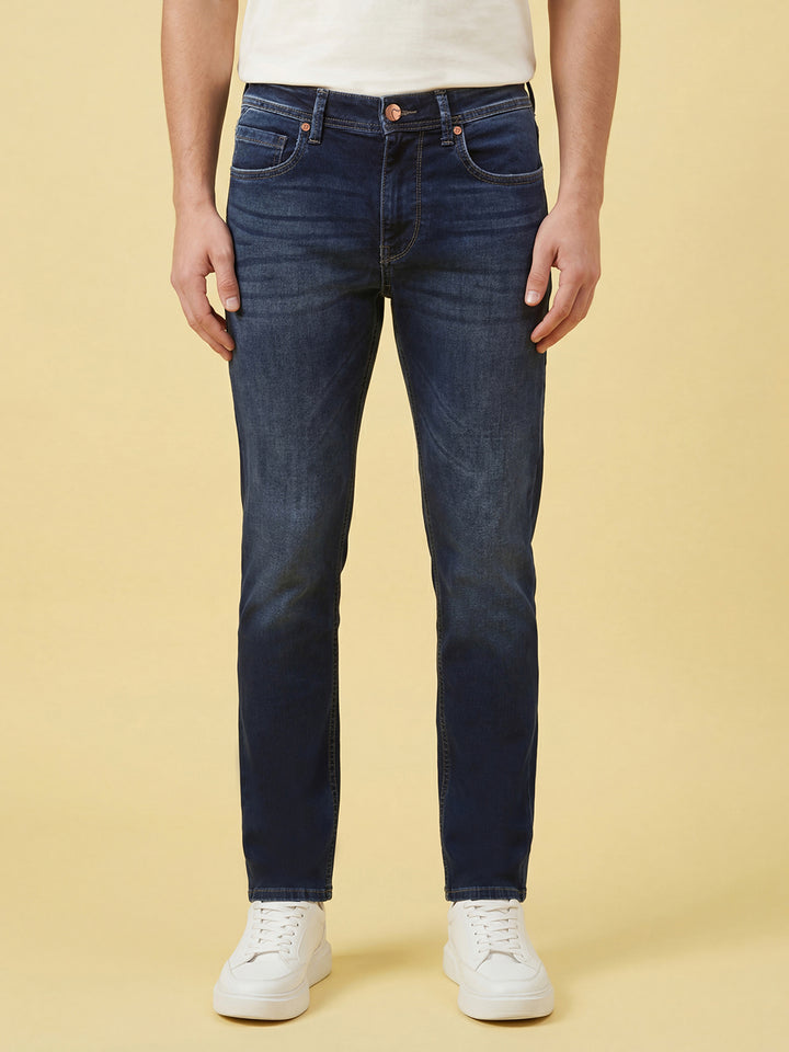 Dark Blue Straight Fit Men's Mid Rise Jeans by Being Human Clothing 