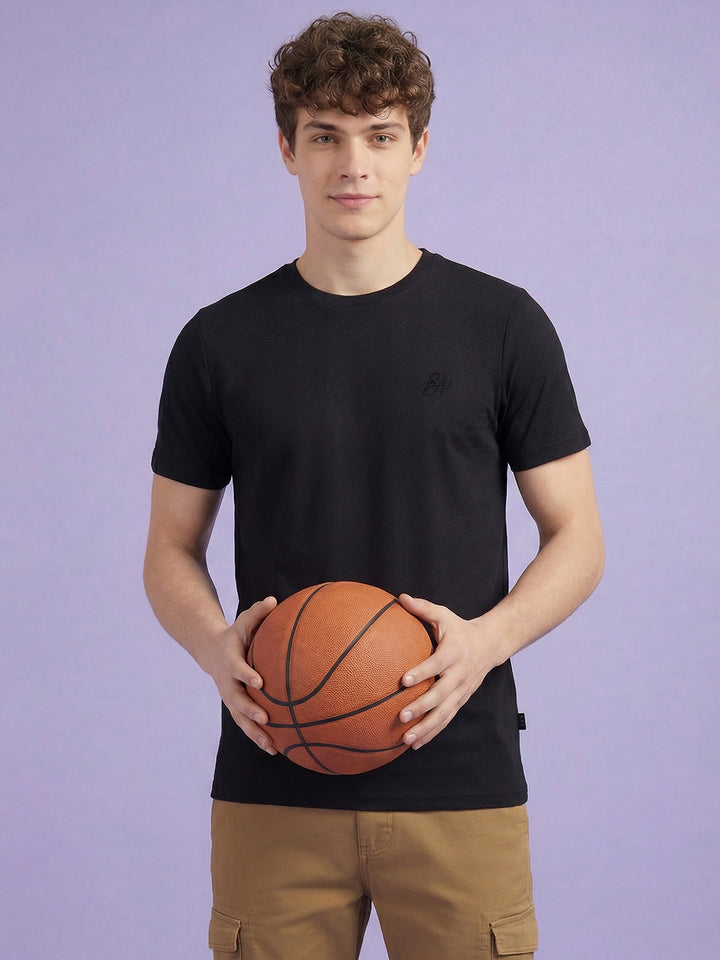 Black Moderno Fit Men's Short Sleeves Round Neck Textured T-Shirt by Being Human ClothingÂ 