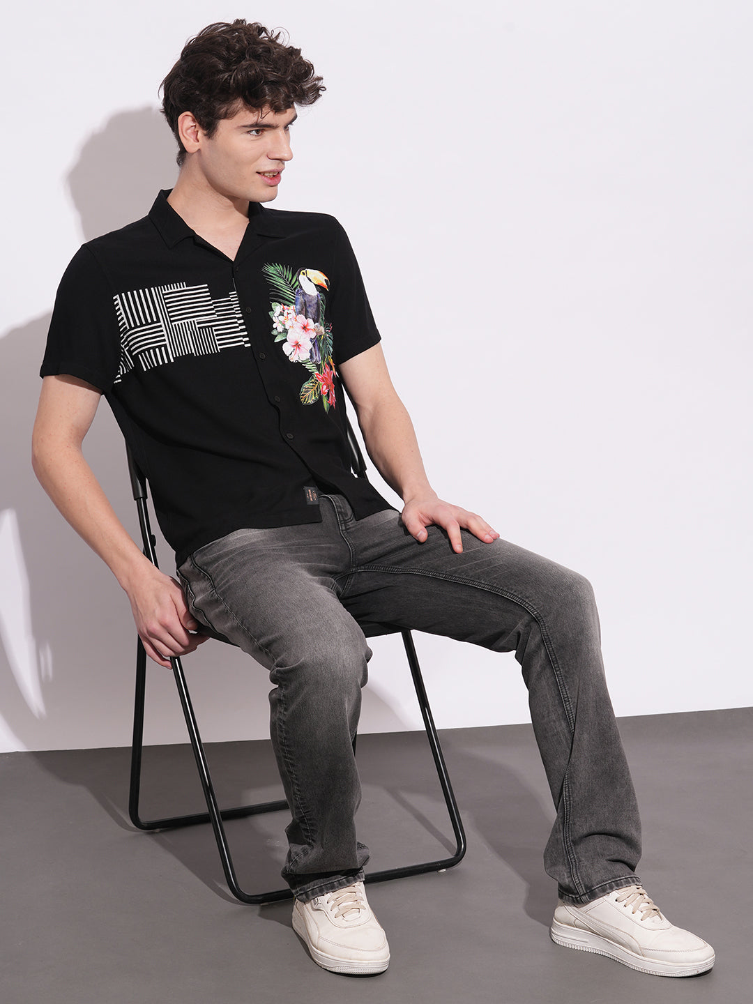 Black Regular Fit Regular Collar Men's Shirt by Being Human Clothing