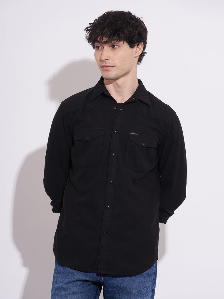 Black Regular Fit Regular Collar Men's Shirt by Being Human Clothing