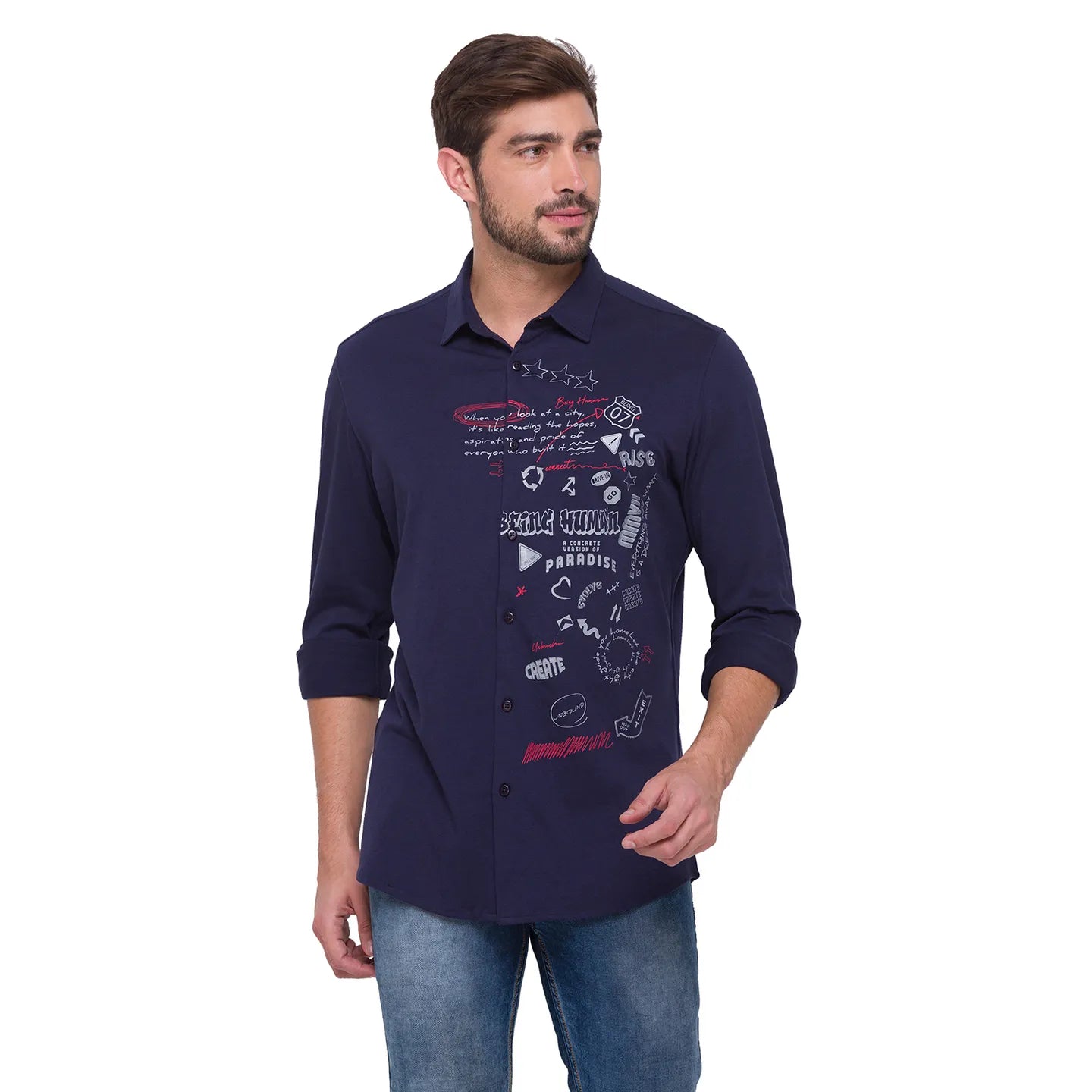 Blue Slim Straight Fit Regular Collar Long Sleeves Cotton Men's Shirt by Being Human Clothing