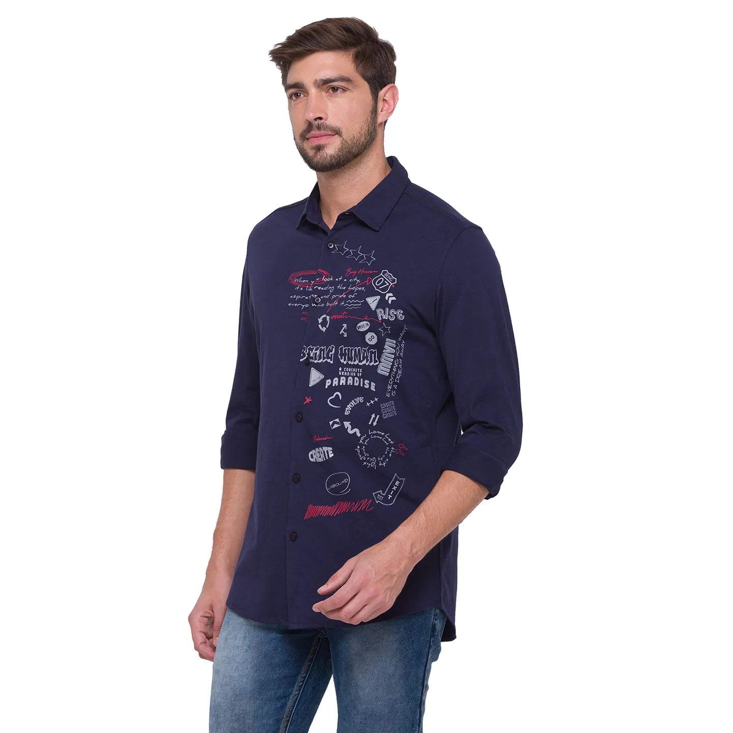 Blue Slim Straight Fit Regular Collar Long Sleeves Cotton Men's Shirt by Being Human Clothing