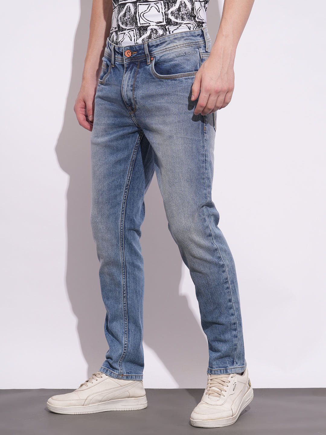 Light Blue Cropped Fit Denims For Men By Being Human Clothing
