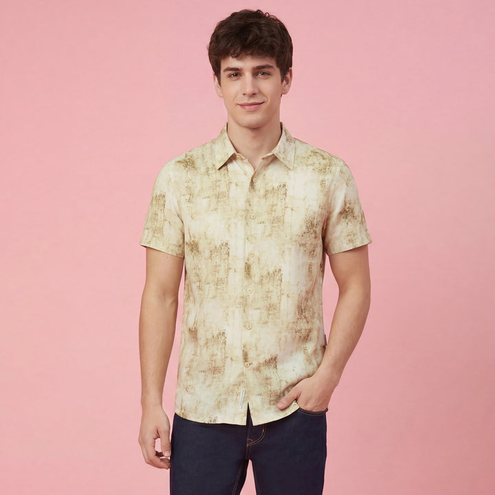 Khaki Abstract Print Moderno Fit Men's Short Sleeves Casual Shirt by Being Human Clothing 