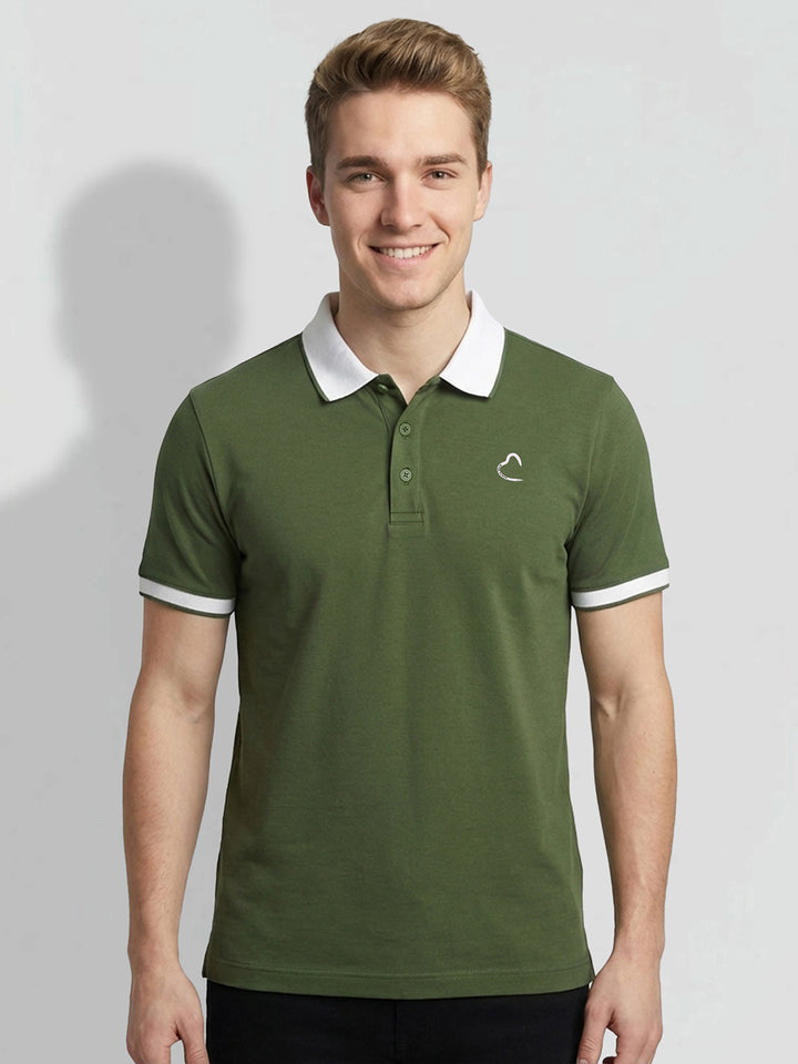 Olive Green Moderno Fit Men's Short Sleeves Contrast Collar Polo T-Shirt by Being Human Clothing