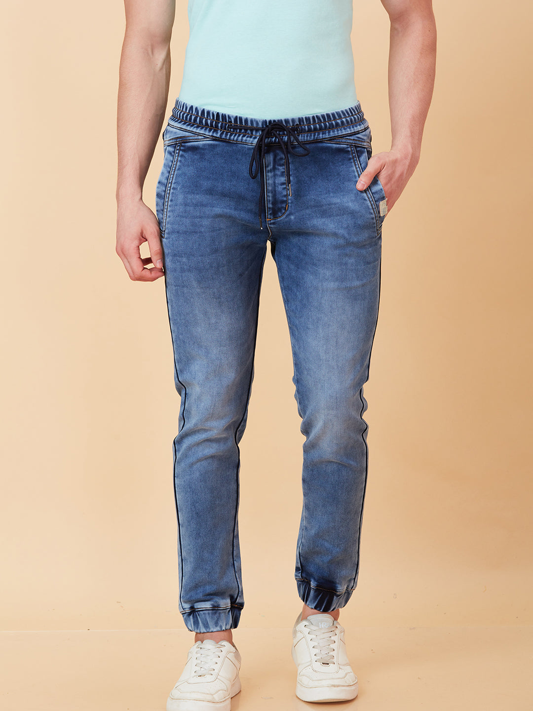 Light Blue Jogger Fit Denims For Men By Being Human Clothing