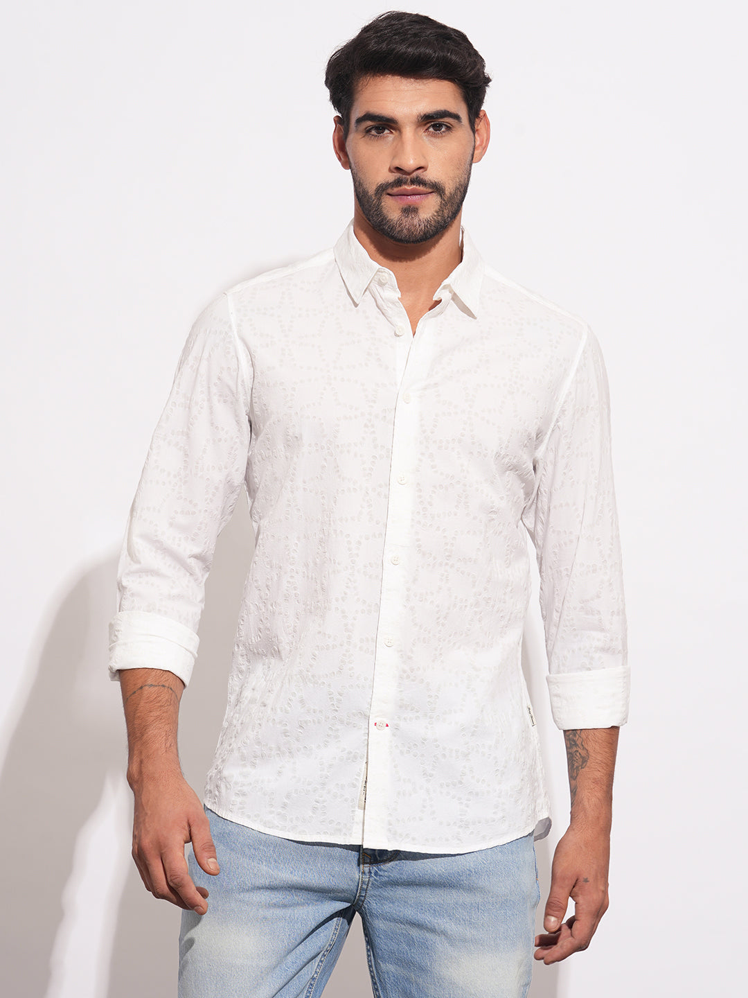White Regular Fit Regular Collar Men's Shirt by Being Human Clothing