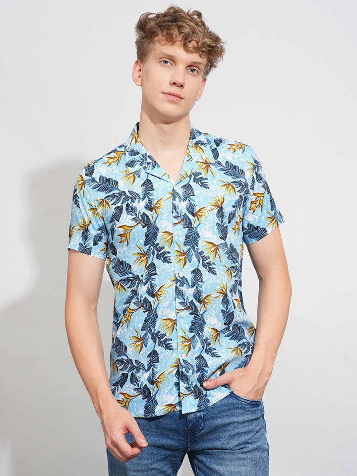 Blue Slim Straight Fit Regular Collar Short Sleeves Men's Shirt by Being Human Clothing