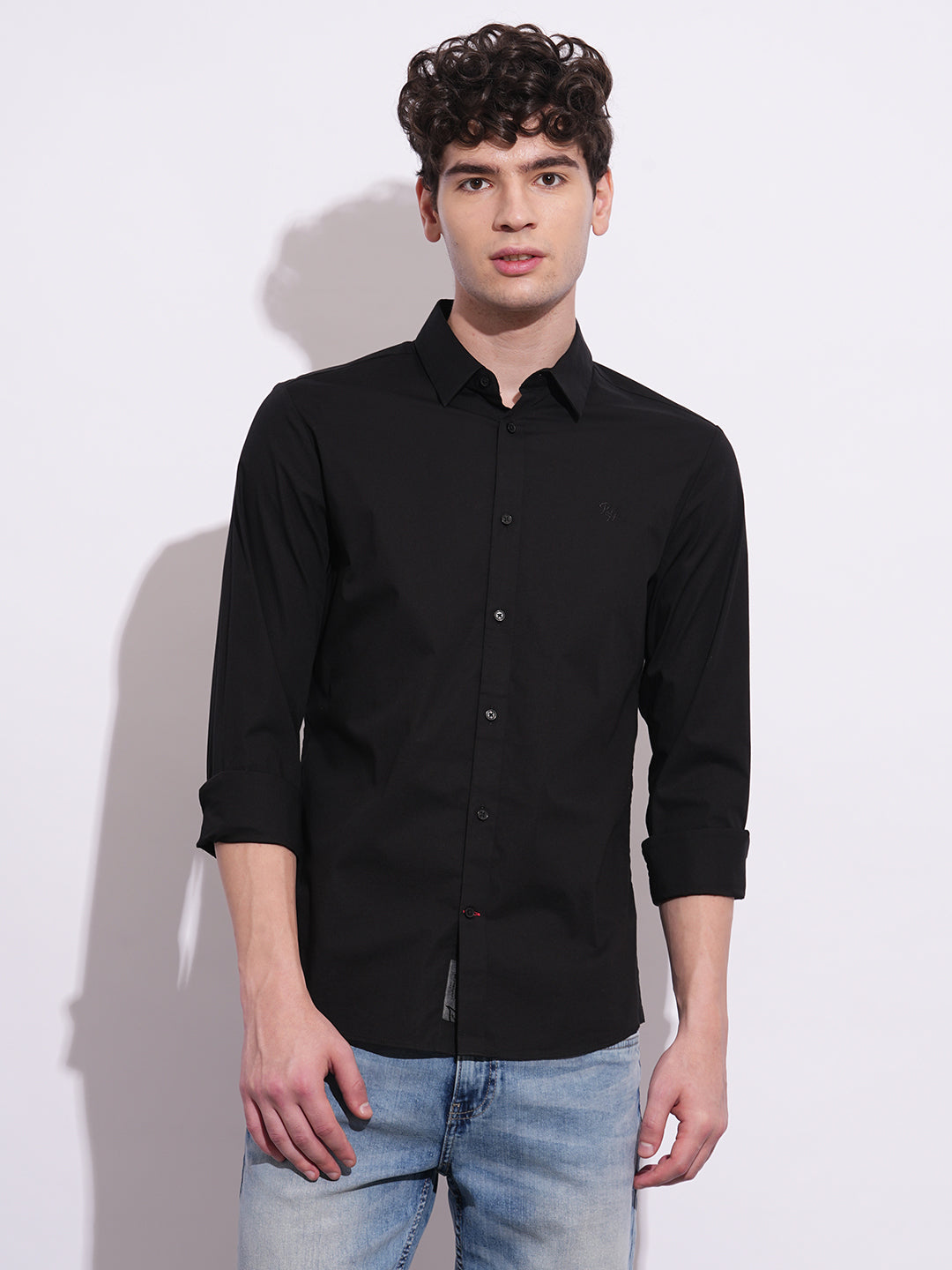 Black Slim Fit Regular Collar Men's Shirt by Being Human Clothing