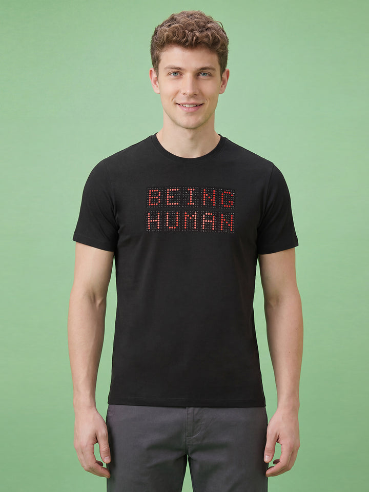 Black Moderno Fit Men's Crew Neck Embellished T-Shirt by Being Human ClothingÂ 