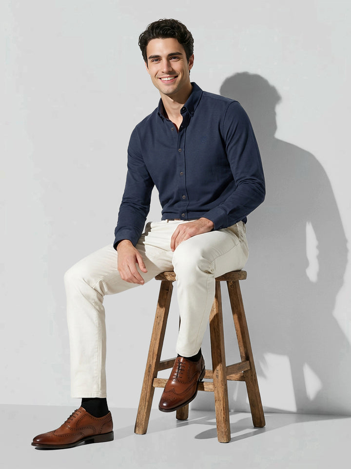 Navy Blue Slim Fit Men's Long Sleeves Button-Down Collar Casual Shirt