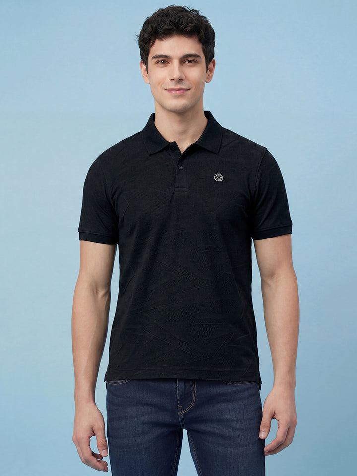 Black Moderno Fit Men's Short Sleeves Textured Polo T-Shirt Â 